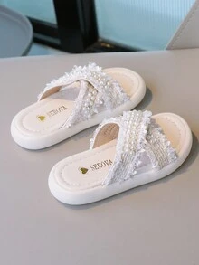 Chicas Zapatillas con diseño de perla artificial con tira cruzada para verano - Beis - Ver 2