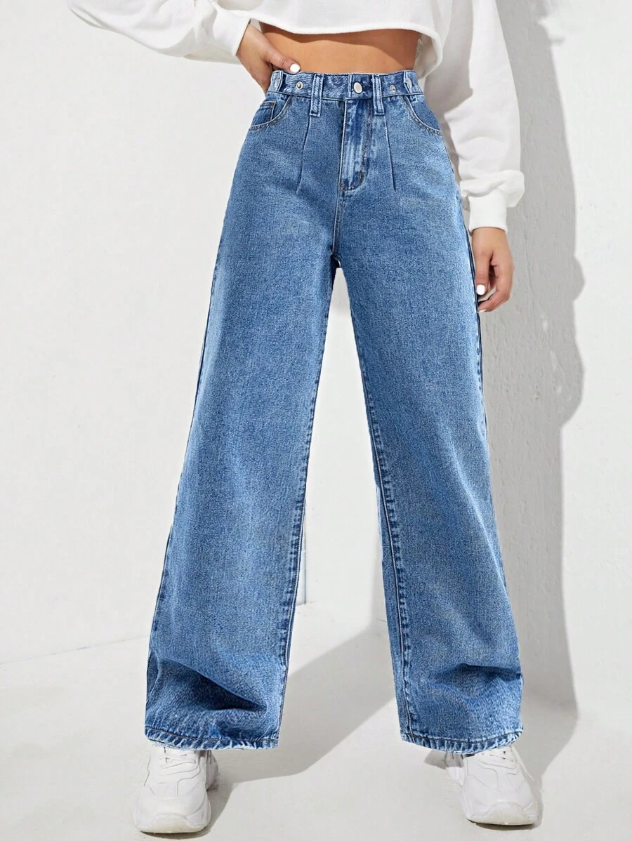 SHEIN EZwear High Waist Wide Leg Jeans - Medium Wash - View 1