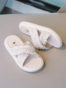 Chicas Zapatillas con diseño de perla artificial con tira cruzada para verano - Beis - Ver 3