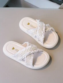 Chicas Zapatillas con diseño de perla artificial con tira cruzada para verano - Beis - Ver 4