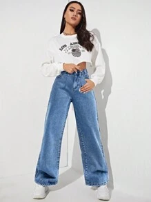 SHEIN EZwear High Waist Wide Leg Jeans - Medium Wash - View 4