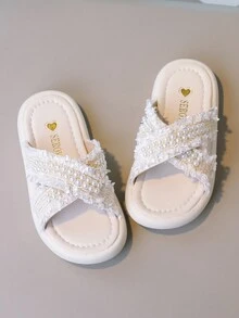 Chicas Zapatillas con diseño de perla artificial con tira cruzada para verano - Beis - Ver 7