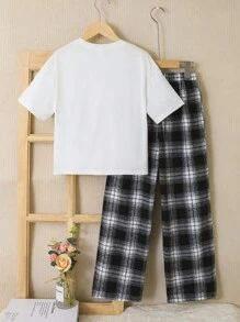 SHEIN Leap Crew Tween Girl Cartoon Graphic Tee & Plaid Trousers - Multicolor - View 2