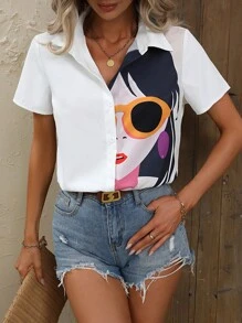 SHEIN LUNE Figure Graphic Button Front Shirt - White - View 6