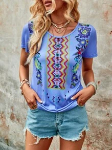 SHEIN VCAY Áo thun nữ Hình học Bộ lạc Giải trí - Màu tím hoa cà - Xem 1