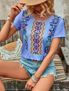 SHEIN VCAY Áo thun nữ Hình học Bộ lạc Giải trí - Màu tím hoa cà - Xem 3