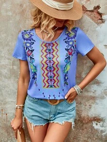 SHEIN VCAY Áo thun nữ Hình học Bộ lạc Giải trí - Màu tím hoa cà - Xem 4