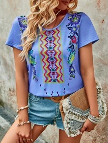 SHEIN VCAY Áo thun nữ Hình học Bộ lạc Giải trí - Màu tím hoa cà - Xem 6