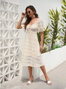 Vestido escote corazón de manga farol con nudo delantero de muslo con abertura con encaje - Beis - Ver 3