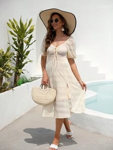 Vestido escote corazón de manga farol con nudo delantero de muslo con abertura con encaje - Beis - Ver 5