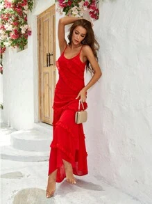 荷葉邊高衩吊帶連衣裙 - 紅色 - 查看 1