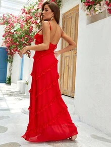 荷葉邊高衩吊帶連衣裙 - 紅色 - 查看 2