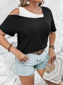 SHEIN LUNE Plus Two Tone Asymmetrical Neck Tee, Summer