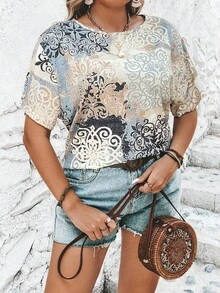 SHEIN LUNE Áo thun Plus size Chắp vá Bộ lạc Giải trí - Nhiều màu - Xem 6