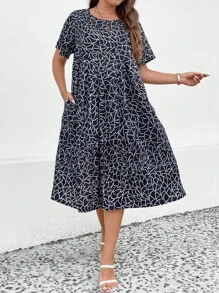 SHEIN LUNE Đầm Plus Size Túi Viên lá sen Tất cả trên in Dễ thương - màu đen - Xem 1
