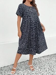 SHEIN LUNE Đầm Plus Size Túi Viên lá sen Tất cả trên in Dễ thương - màu đen - Xem 3