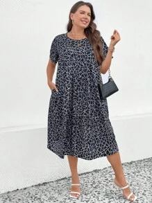 SHEIN LUNE Đầm Plus Size Túi Viên lá sen Tất cả trên in Dễ thương - màu đen - Xem 4