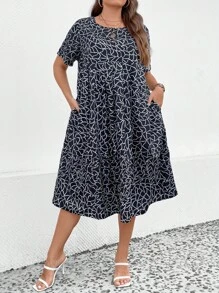 SHEIN LUNE Đầm Plus Size Túi Viên lá sen Tất cả trên in Dễ thương - màu đen - Xem 5