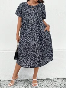 SHEIN LUNE Đầm Plus Size Túi Viên lá sen Tất cả trên in Dễ thương - màu đen - Xem 6