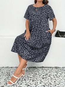 SHEIN LUNE Đầm Plus Size Túi Viên lá sen Tất cả trên in Dễ thương - màu đen - Xem 7