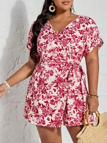 SHEIN VCAY Plus Floral Print Knot Side Wrap Romper - Red and White - View 1