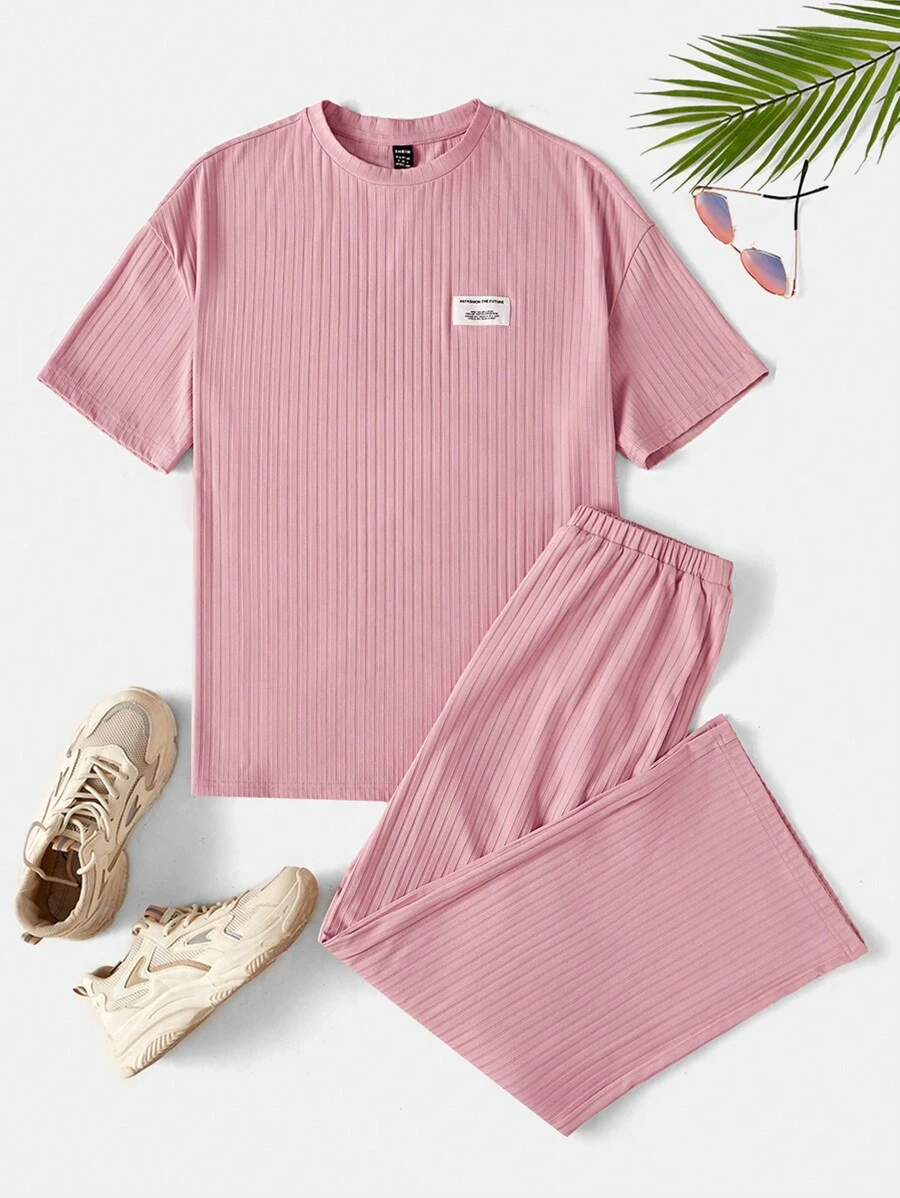 SHEIN EZwear 字母貼布落肩T恤和褲子 - 藕粉色 - 查看 1