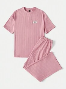 SHEIN EZwear 字母貼布落肩T恤和褲子 - 藕粉色 - 查看 3