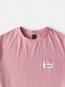 SHEIN EZwear 字母貼布落肩T恤和褲子 - 藕粉色 - 查看 5