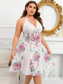 Snug Zone Plus Floral Print Contrast Lace Bow Front Mesh Halter Pajama Nightdress - Multicolor - View 4