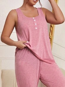 大碼半排扣蕾絲邊家居服上裝 - 淺粉色 - 查看 3