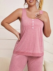 大碼半排扣蕾絲邊家居服上裝 - 淺粉色 - 查看 5