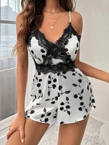 櫻桃圖案蕾絲拼接緞面吊帶連體短褲 - 黑與白 - 查看 3