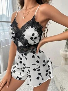 櫻桃圖案蕾絲拼接緞面吊帶連體短褲 - 黑與白 - 查看 4