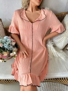 荷葉袖荷葉邊休閒服連衣裙 - 珊瑚橙 - 查看 5