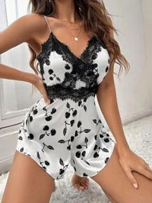 櫻桃圖案蕾絲拼接緞面吊帶連體短褲 - 黑與白 - 查看 5