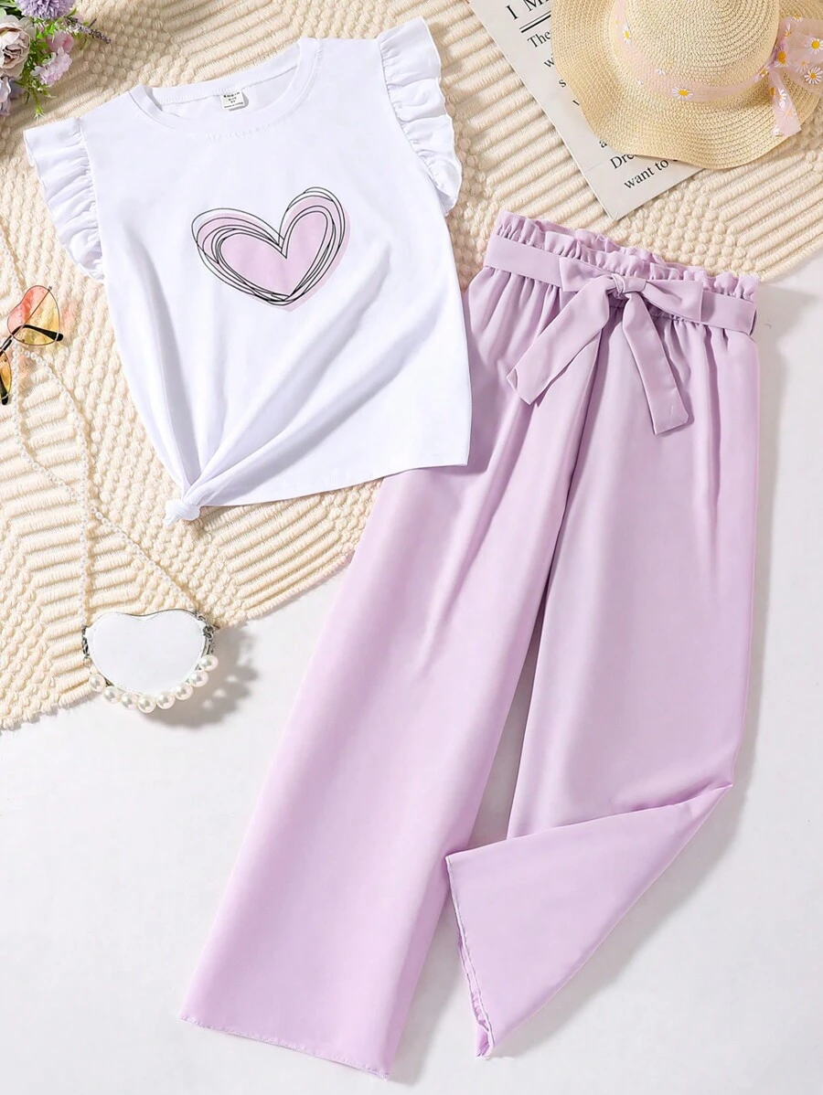 SHEIN Vintaside Kids 女大童愛心圖案荷葉邊T恤和紙袋腰長褲 - 彩色 - 查看 1