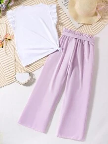 SHEIN Vintaside Kids 女大童愛心圖案荷葉邊T恤和紙袋腰長褲 - 彩色 - 查看 2