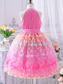 適合青少年女孩的蝴蝶繡花網片套頸裙 - 粉色 - 查看 2