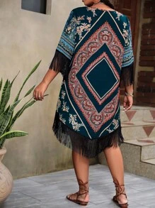 Plus Paisley Print Fringe Trim Dress - Dark Green - View 2