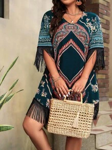 Plus Paisley Print Fringe Trim Dress - Dark Green - View 5