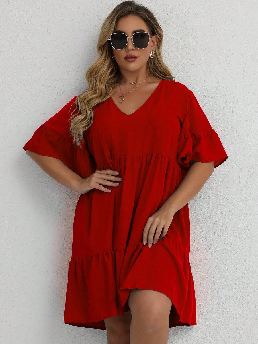 SHEIN LUNE Plus Flounce Sleeve Ruffle Hem Smock Dress For New Year Clothes - Red - View 1