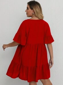 SHEIN LUNE Plus Flounce Sleeve Ruffle Hem Smock Dress For New Year Clothes - Red - View 2