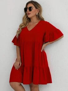 SHEIN LUNE Plus Flounce Sleeve Ruffle Hem Smock Dress For New Year Clothes - Red - View 3