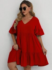 SHEIN LUNE Plus Flounce Sleeve Ruffle Hem Smock Dress For New Year Clothes - Red - View 4