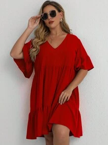 SHEIN LUNE Plus Flounce Sleeve Ruffle Hem Smock Dress For New Year Clothes - Red - View 5