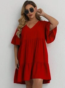 SHEIN LUNE Plus Flounce Sleeve Ruffle Hem Smock Dress For New Year Clothes - Red - View 6