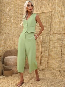 SHEIN Frenchy Button Front Vest Blazer & Wide Leg Trousers - Green - View 4