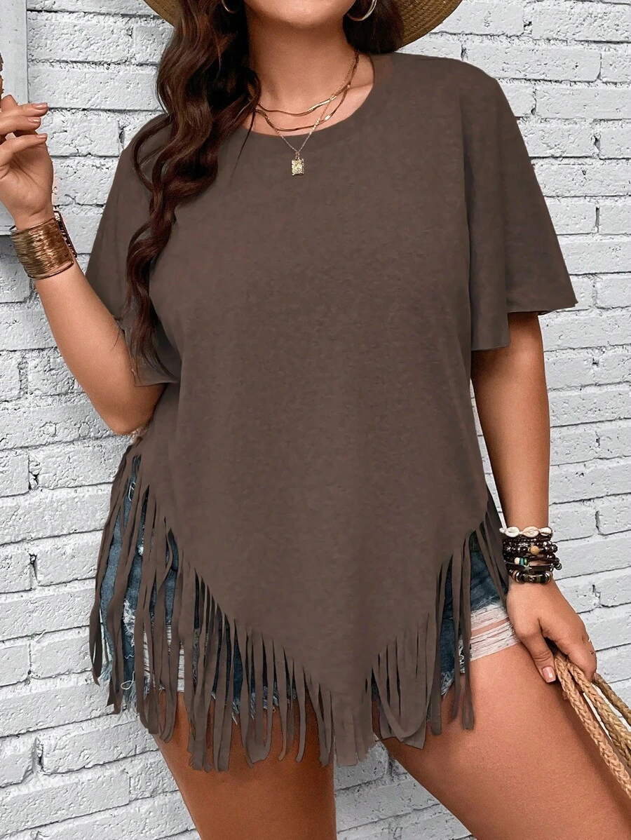 SHEIN Holidaya Áo thun Plus size mép màu trơn Giải trí - màu nâu - Xem 1