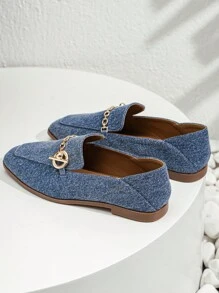 時尚藍色平底鞋適用於女士金屬裝飾方頭平底樂福鞋 - 藍色 - 查看 5