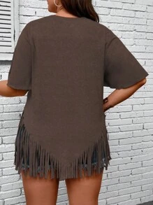 SHEIN Holidaya Áo thun Plus size mép màu trơn Giải trí - màu nâu - Xem 2